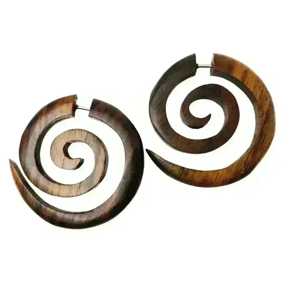 UMBRELLALABORATORY Jewelry - Organic wooden spiral hoop earrings fake gauges by umbrellalaboratory
